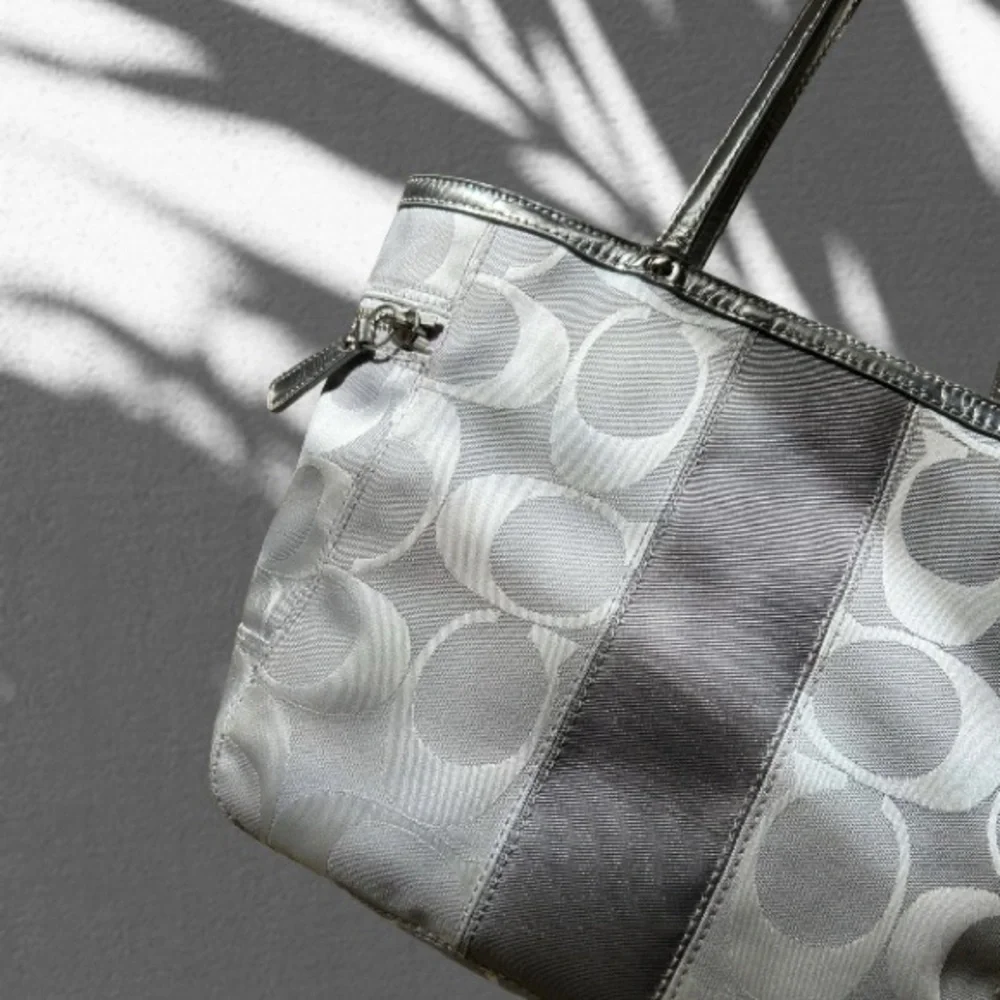 Coach Signature Stripe Tote Risotto Gray Jacquard Fabric & Silver Patent - Picture 10 of 10